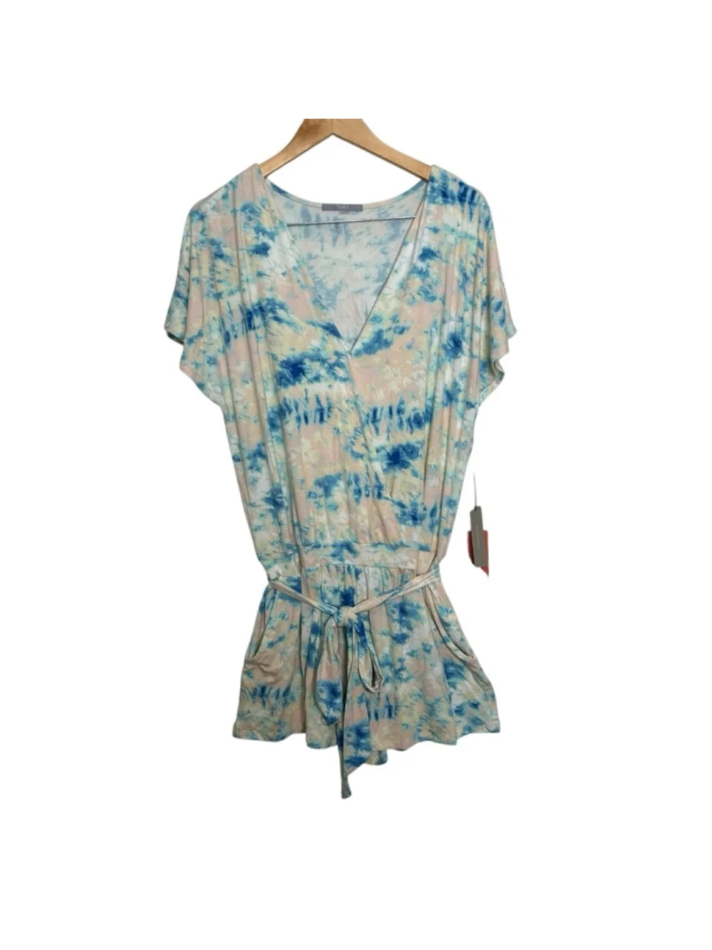 TART Collections Sky Short Sleeve Tie Belt Romper in Cloud Tie Dye Size Large